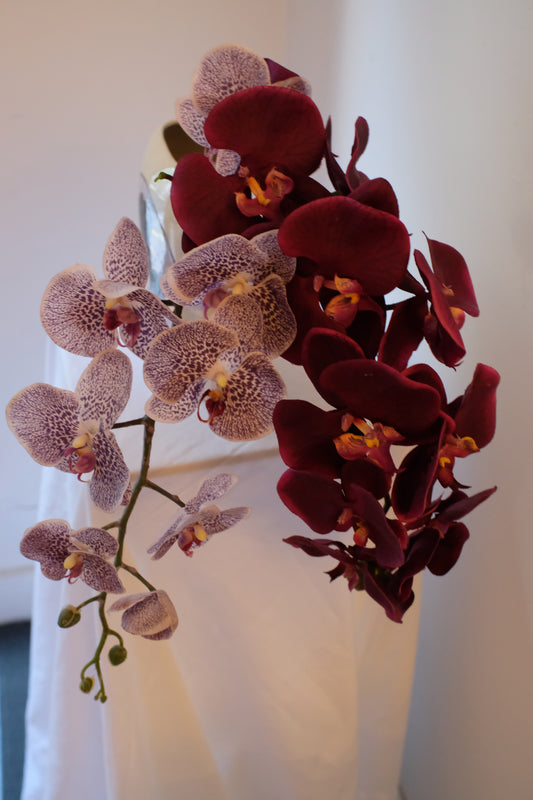 Burgundy Orchids one-of-one silk arrangement detail view.