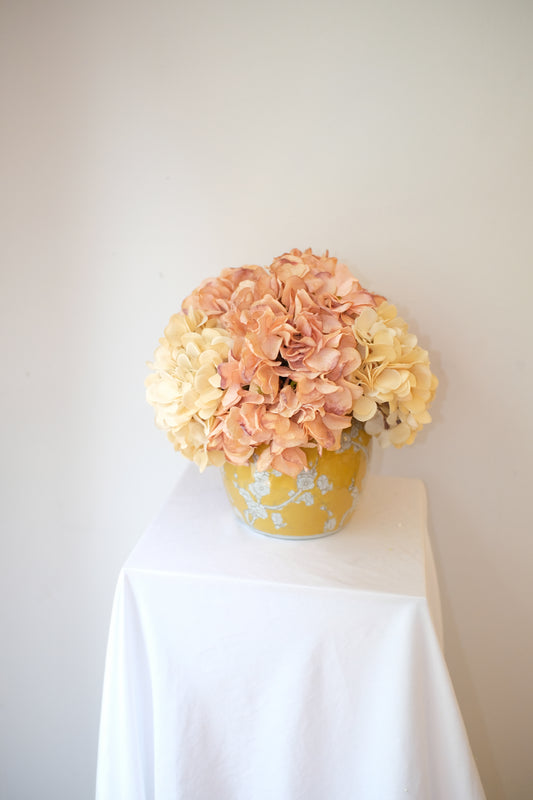 The York silk hydrangea arrangement detail view.