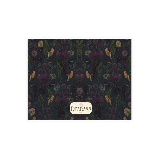 The Delancey note card detail showing dark purple anthurium floral pattern.