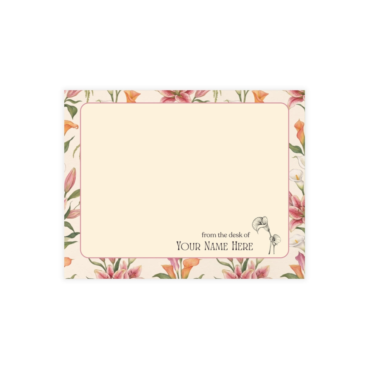 The Lily personalized note card set with white lily floral stationery design.