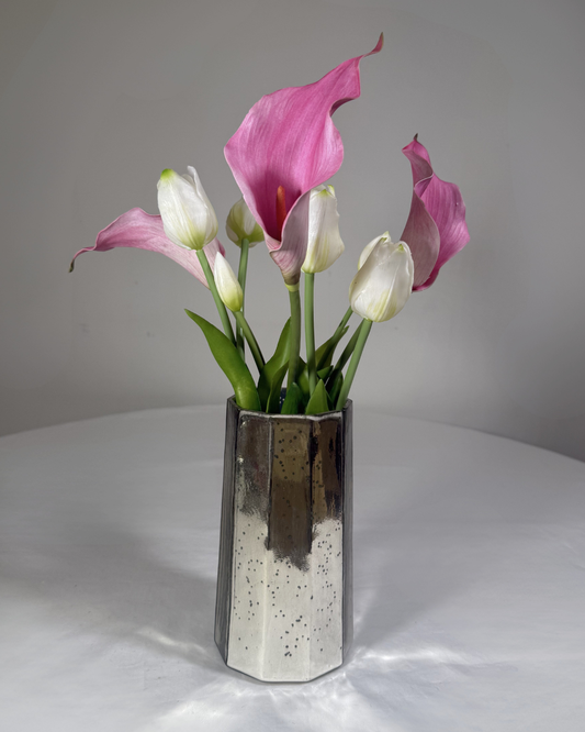 The Elizabeth real-touch silk arrangement with white tulips and pink calla lilies. Made to order in NYC.