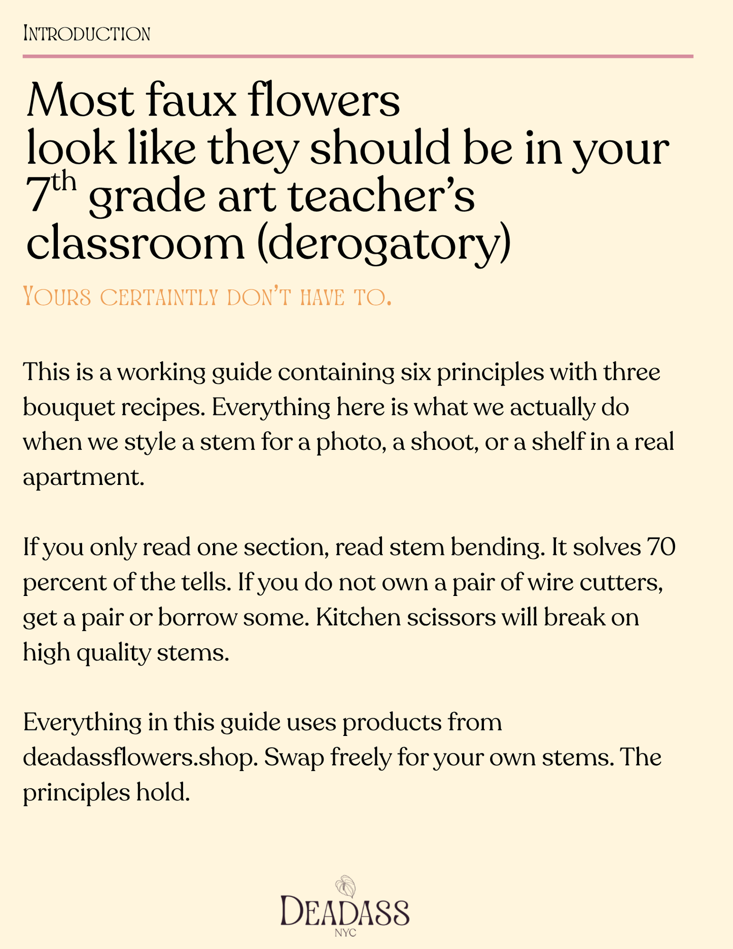 Page from the Faux Flower Styling Guide PDF showing styling principles for silk arrangements.