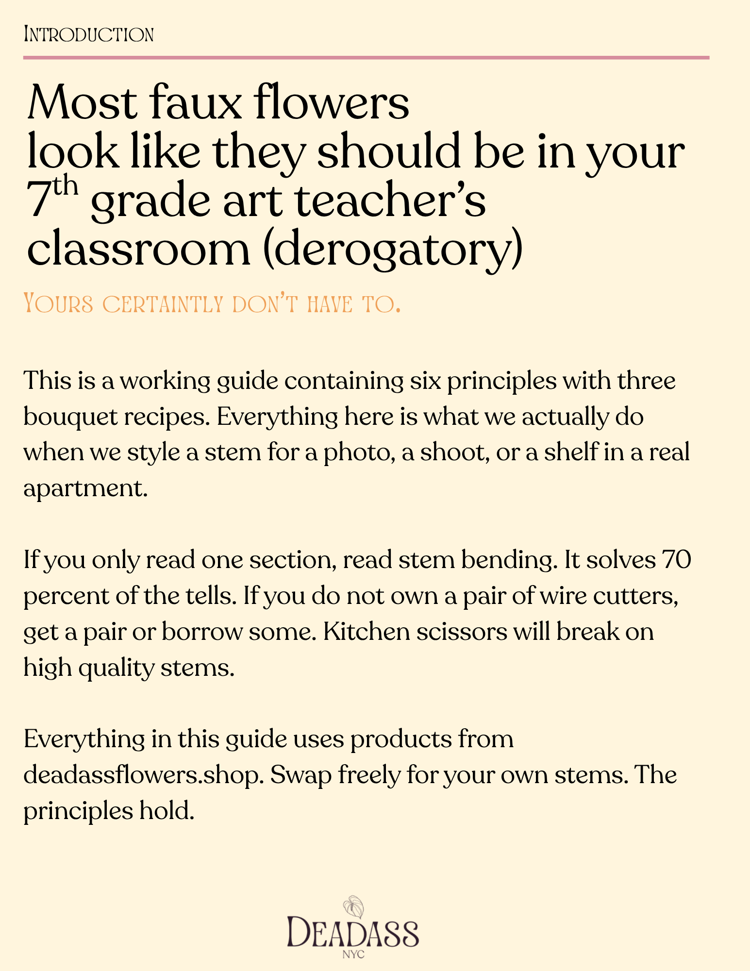 Page from the Faux Flower Styling Guide PDF showing styling principles for silk arrangements.