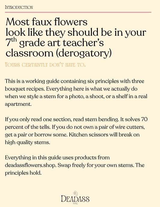 Page from the Faux Flower Styling Guide PDF showing styling principles for silk arrangements.