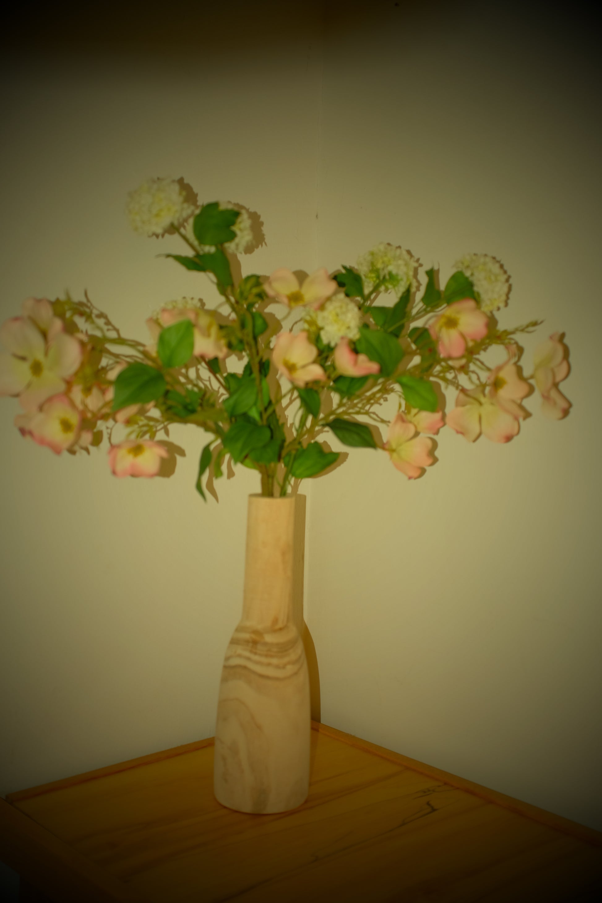 The Gracie silk arrangement detail view of dogwood and viburnum.
