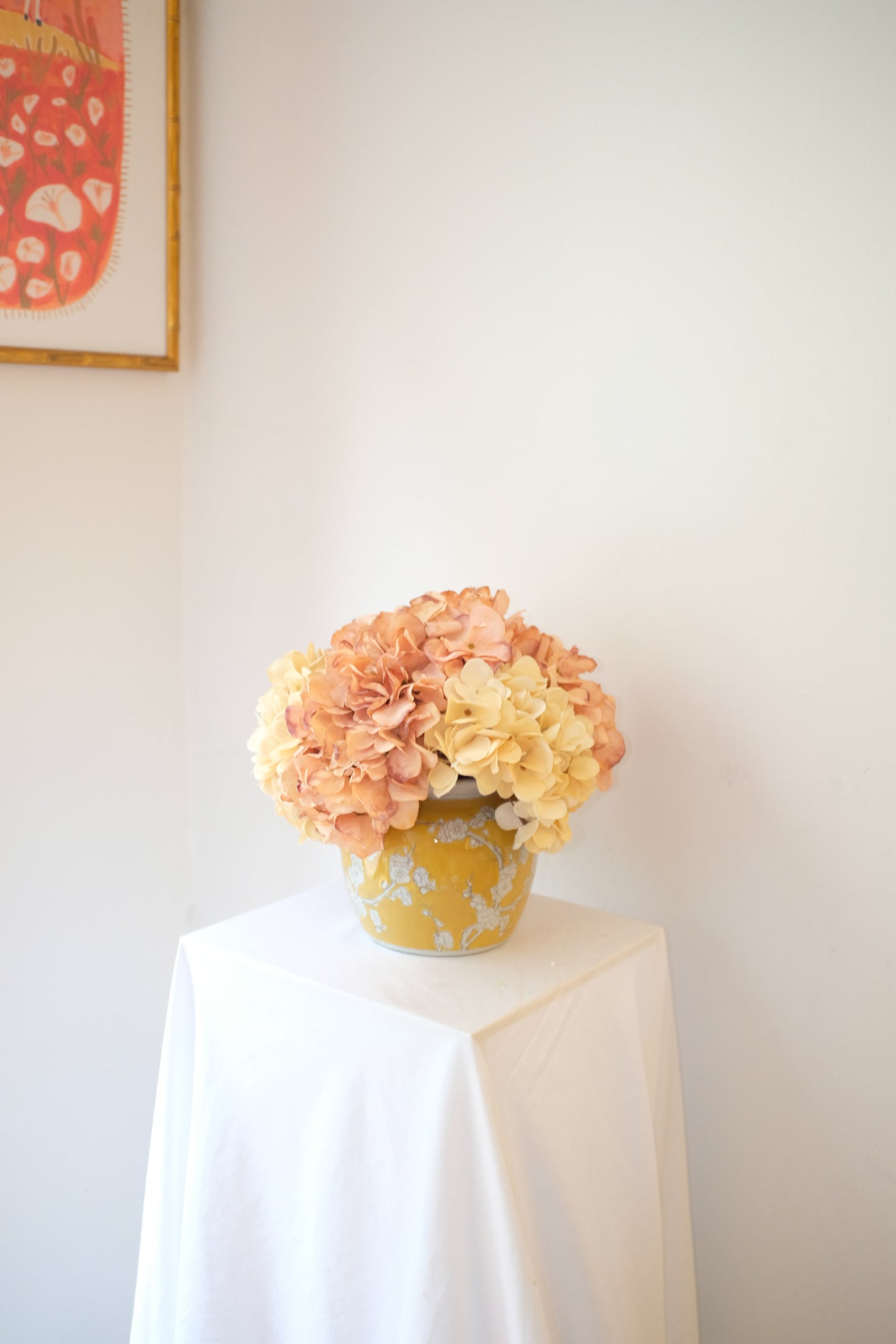 The York — cream and blush silk hydrangea arrangement in a vintage-inspired yellow chinoiserie vase. Handmade in Manhattan.