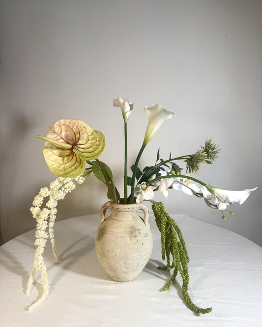 The Sara J Large — statement white silk flower arrangement with real-touch calla lilies, anthurium, and orchid in a ceramic vessel. Made to order in NYC.