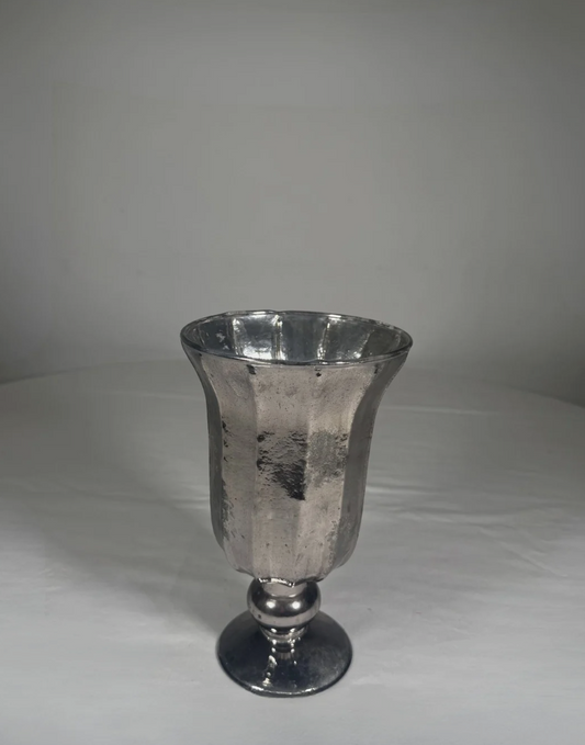Tall 9-inch silver urn vase with a narrow mouth, sized for silk flower arrangements. Hand-picked in NYC.