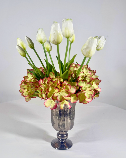 The Madison silk flower arrangement — a polished, structured faux floral bouquet in a clear glass vase. 11 inches tall, sized for a console or dining table. Hand-arranged in NYC by Deadass Flowers.