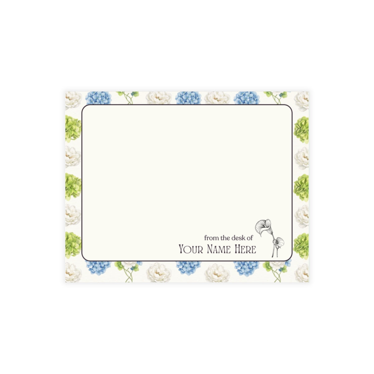 The Dakota personalized note card set with blue hydrangea floral stationery.