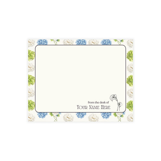 The Dakota personalized note card set with blue hydrangea floral stationery.