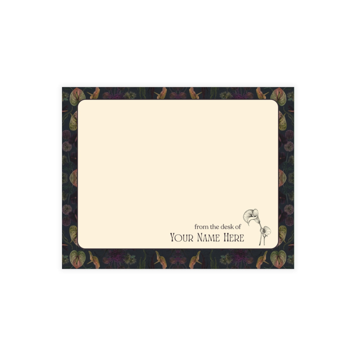 The Delancey personalized note card set with dark moody purple anthurium and amaranthus floral stationery.