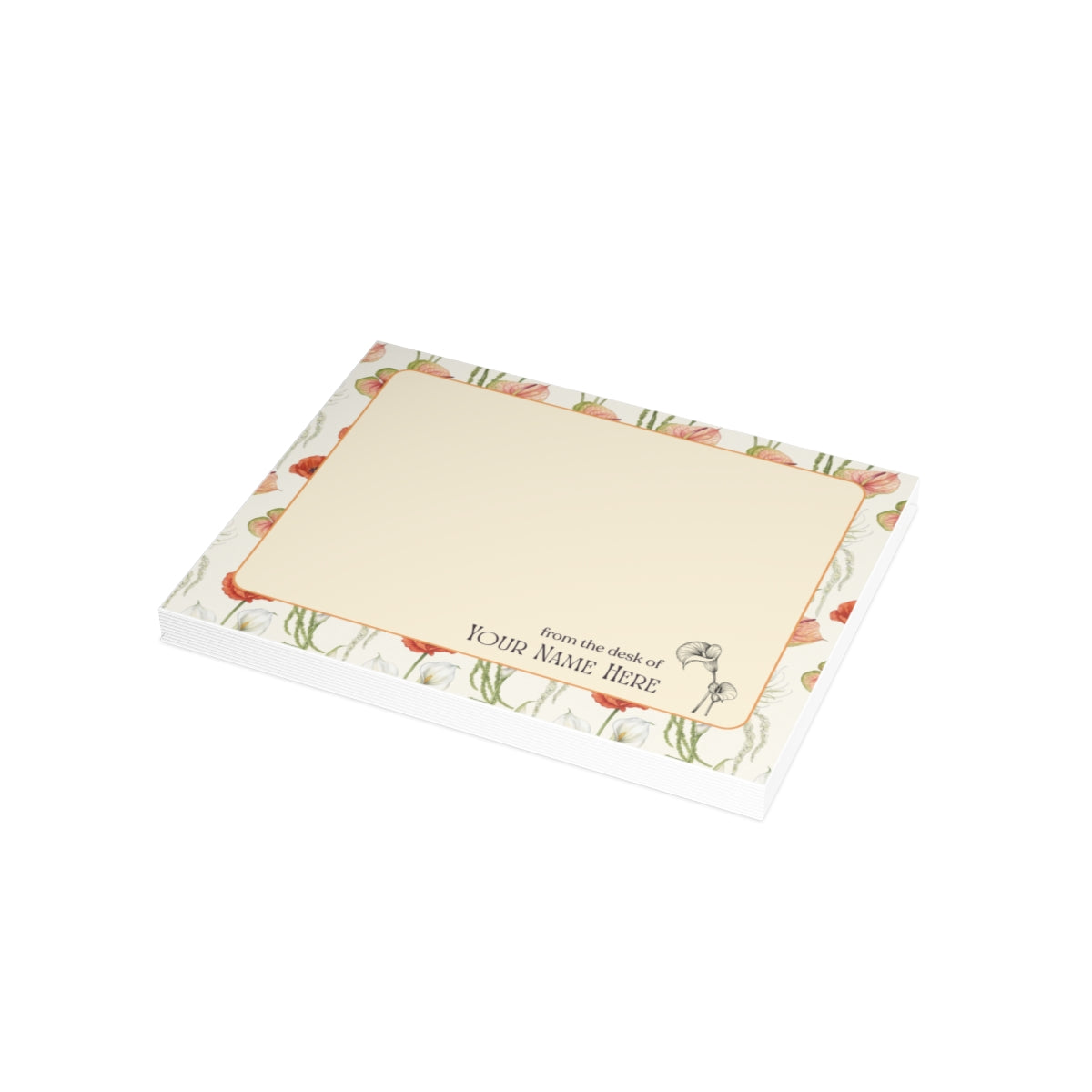 Lifestyle photo of The Henry Street personalized copper floral note cards.