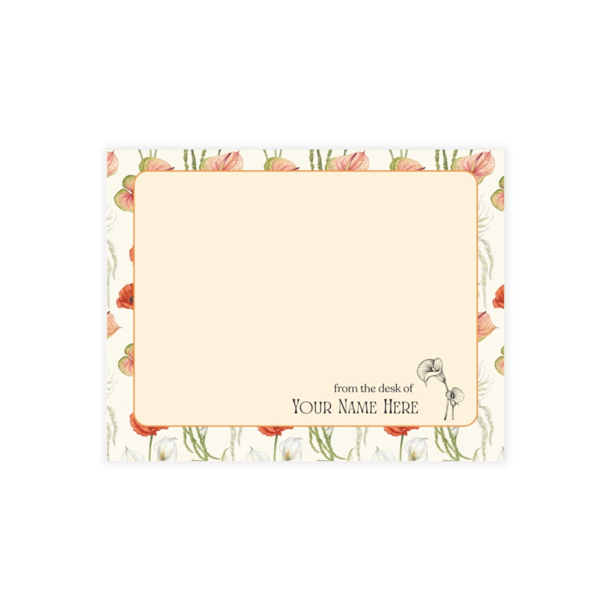 The Henry Street personalized note card set with warm copper anthurium floral stationery.
