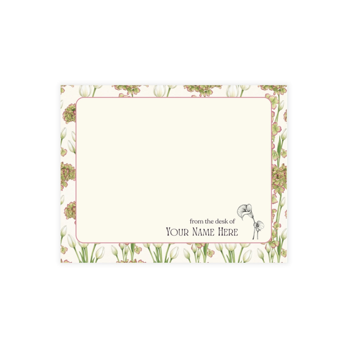 The Madison personalized note card set with pink calla lily floral stationery.