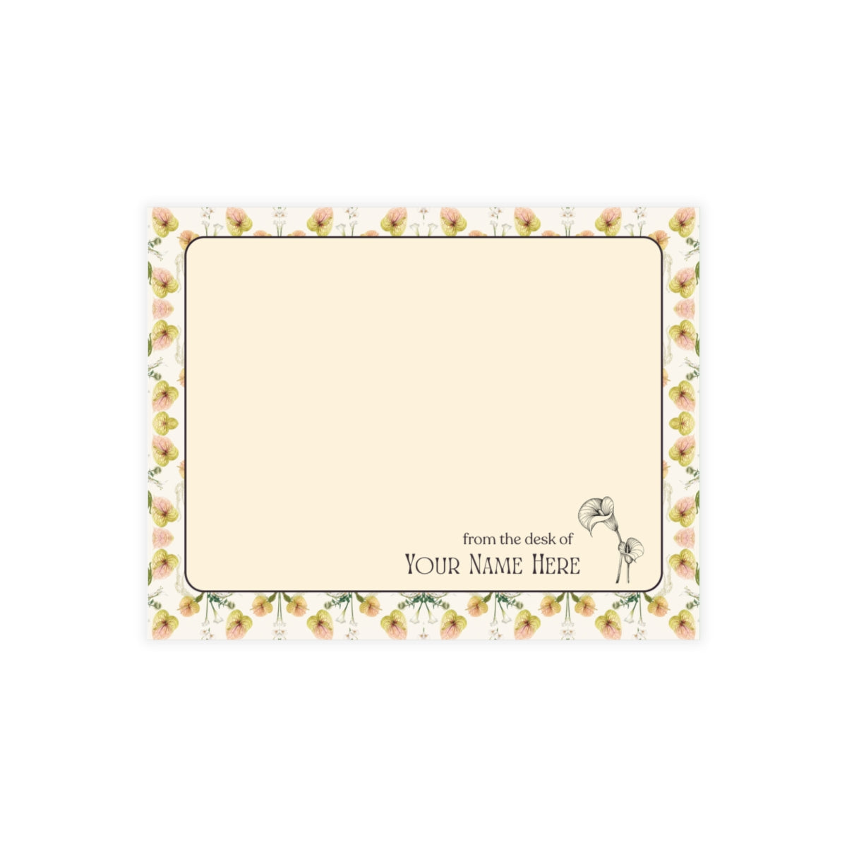 The Sara J personalized note card set with minimalist white orchid and anthurium floral stationery.